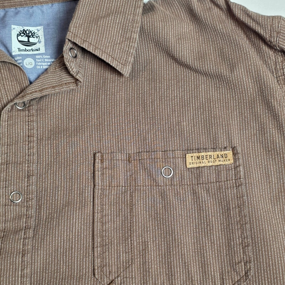 Timberland Button Down Mens Large Brown Micro Stripe Roll Tab Sleeve Snap Shirt - Picture 2 of 6